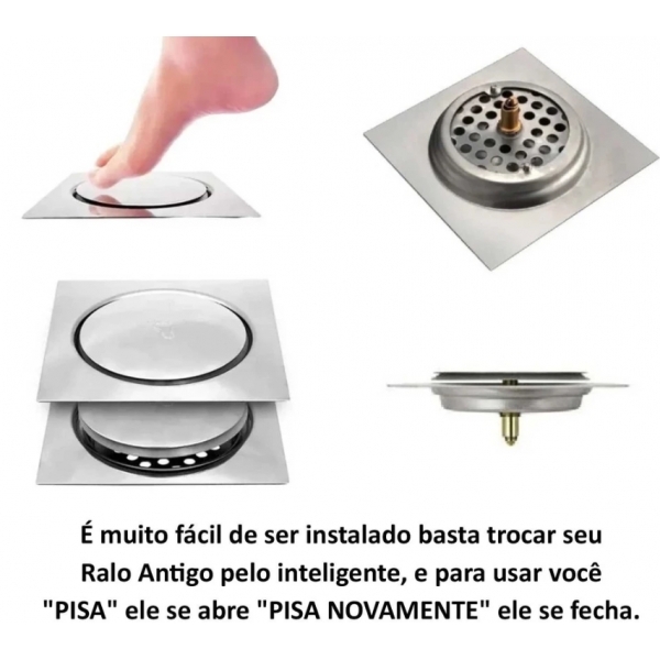 Ralo Click De Aço Inoxidável Quadrado 15x15cm